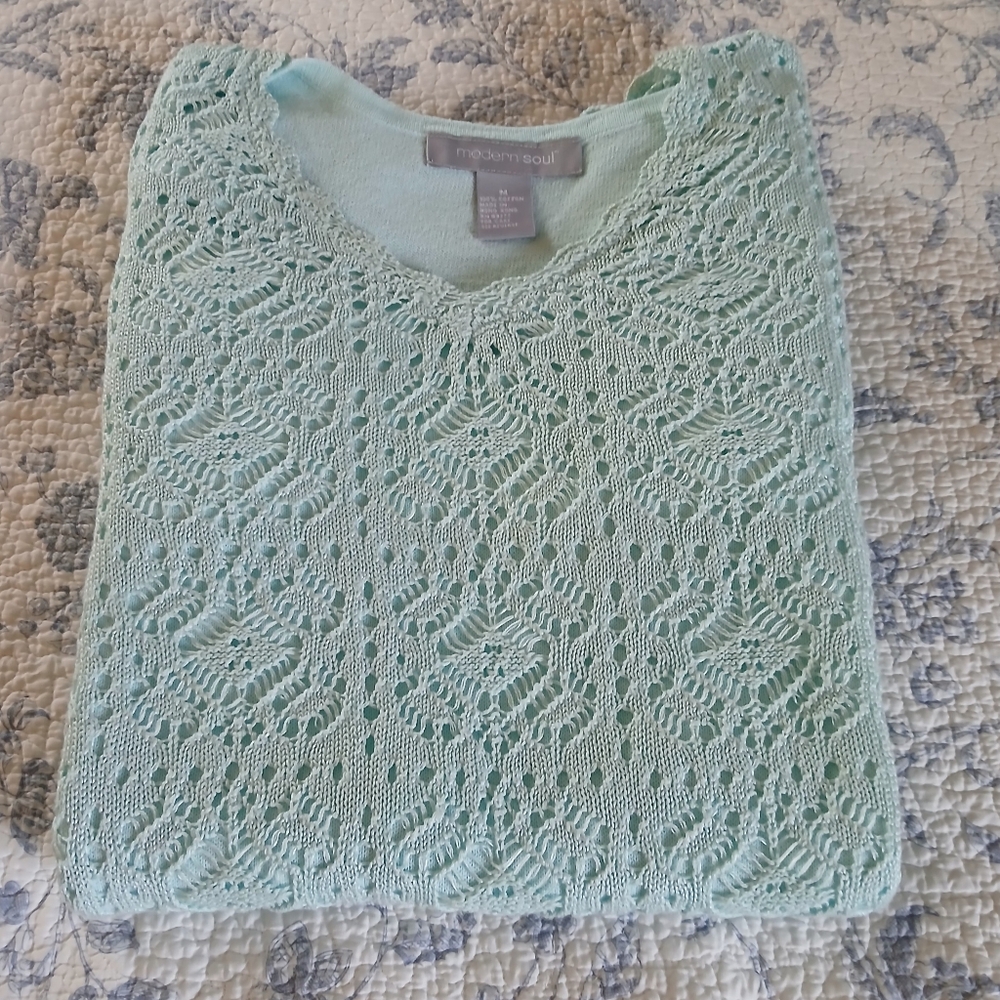 Vintage Modern Soul Medium Light Green Open Knit Sweater With Matching Tank